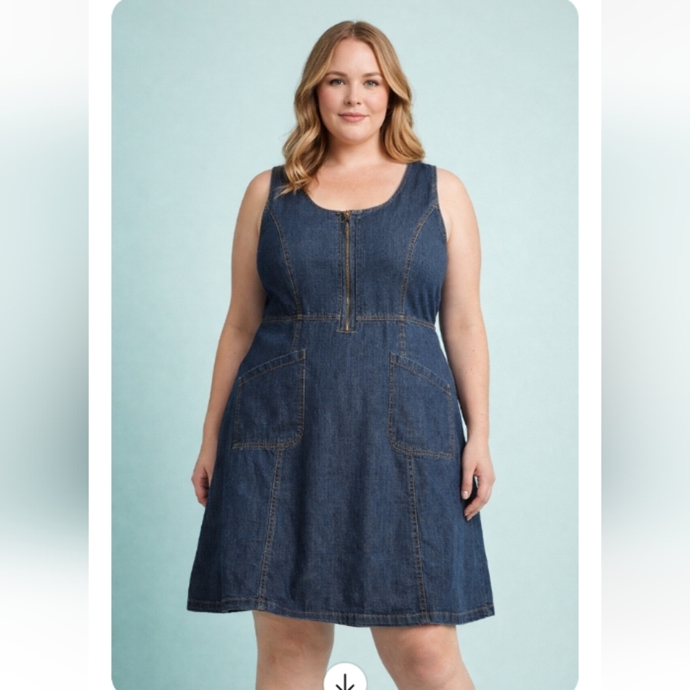 Lanz Denim Zip Front Dress 2X Blue Cotton Pockets Casual Cottagecore